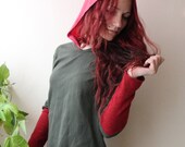 green thermal with burgundy knit cuffs and pointy floral hood medium