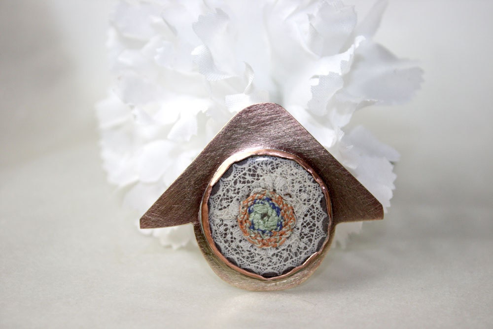 Brushed Brass Brooch with Lace and Hand Embroidery
