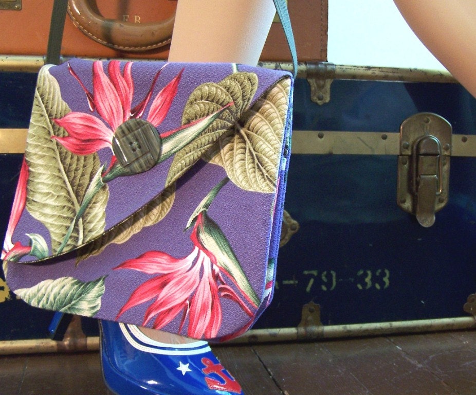 Mini Messenger Bag Purple Barkcloth Fabric Purse