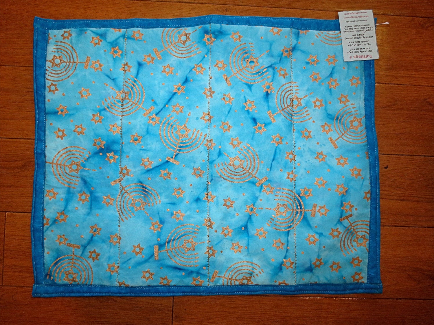 Hanukkah Judaica turquoise batik hot mat golden menorahs and stars of david insulated placemat