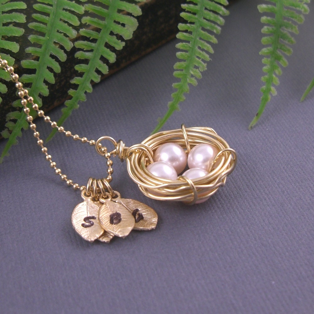 4 eggs bird nest gold toned personalized hand stamped initial necklace for bridesmaid, best friends, sisters and mothers