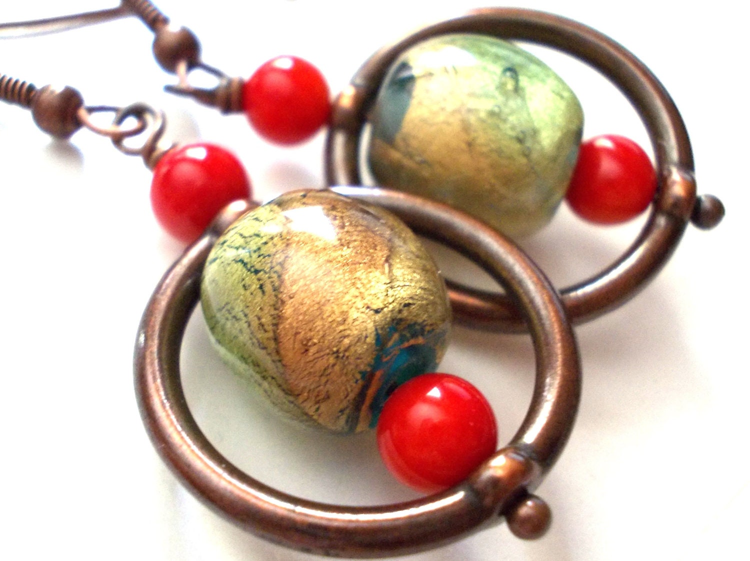Long dangle earrings, hoops with gold foil green lampwork glass beads and red coral, red and green copper earrings olive gold leaf - karmelidesigns