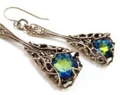 Filigree Earrings, dangle earrings, Art Deco earrings, blue green drop earrings, vintage filigree jewelry