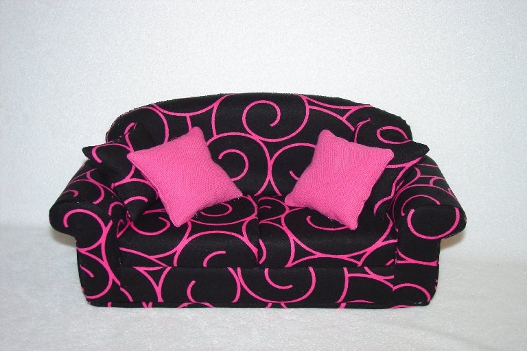 Barbie Doll Sofa, Hot Pink, Black Handmade Furniture, Blythe, 11 1/2 inch dolls