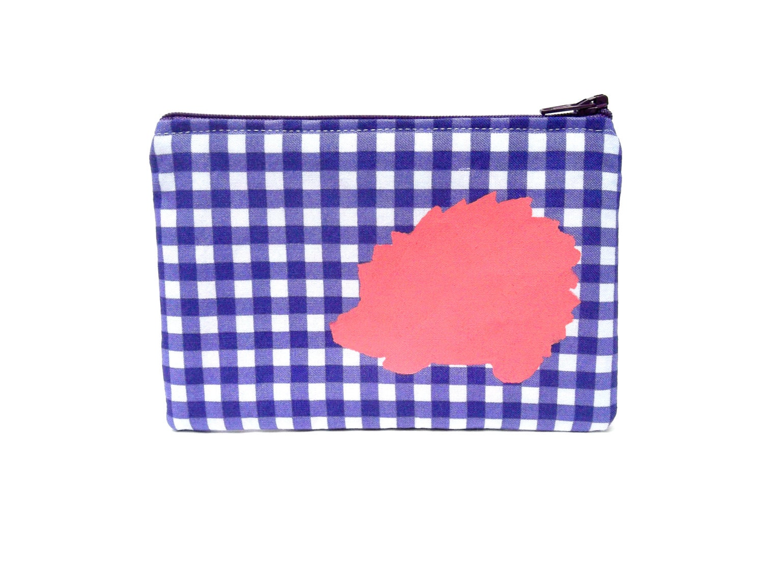 Mini Zipper Pouch / Cute Camera Bag in Handpainted Hedgehog on Purple Gingham