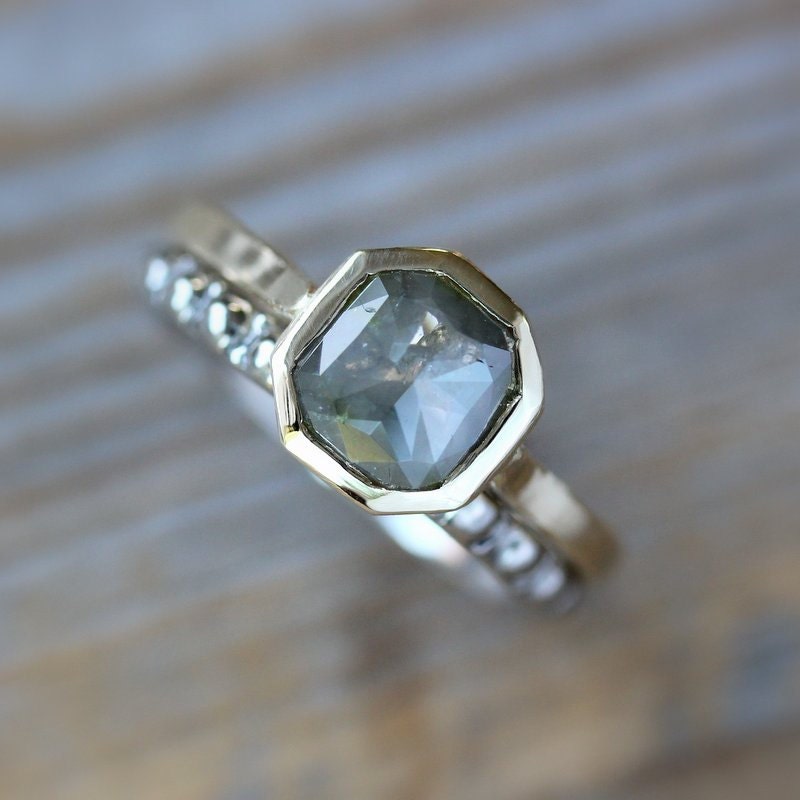 Rose Cut Fancy Gray  Diamond, Recycled 14k Gold Asscher Bezel Ring, Made To Order