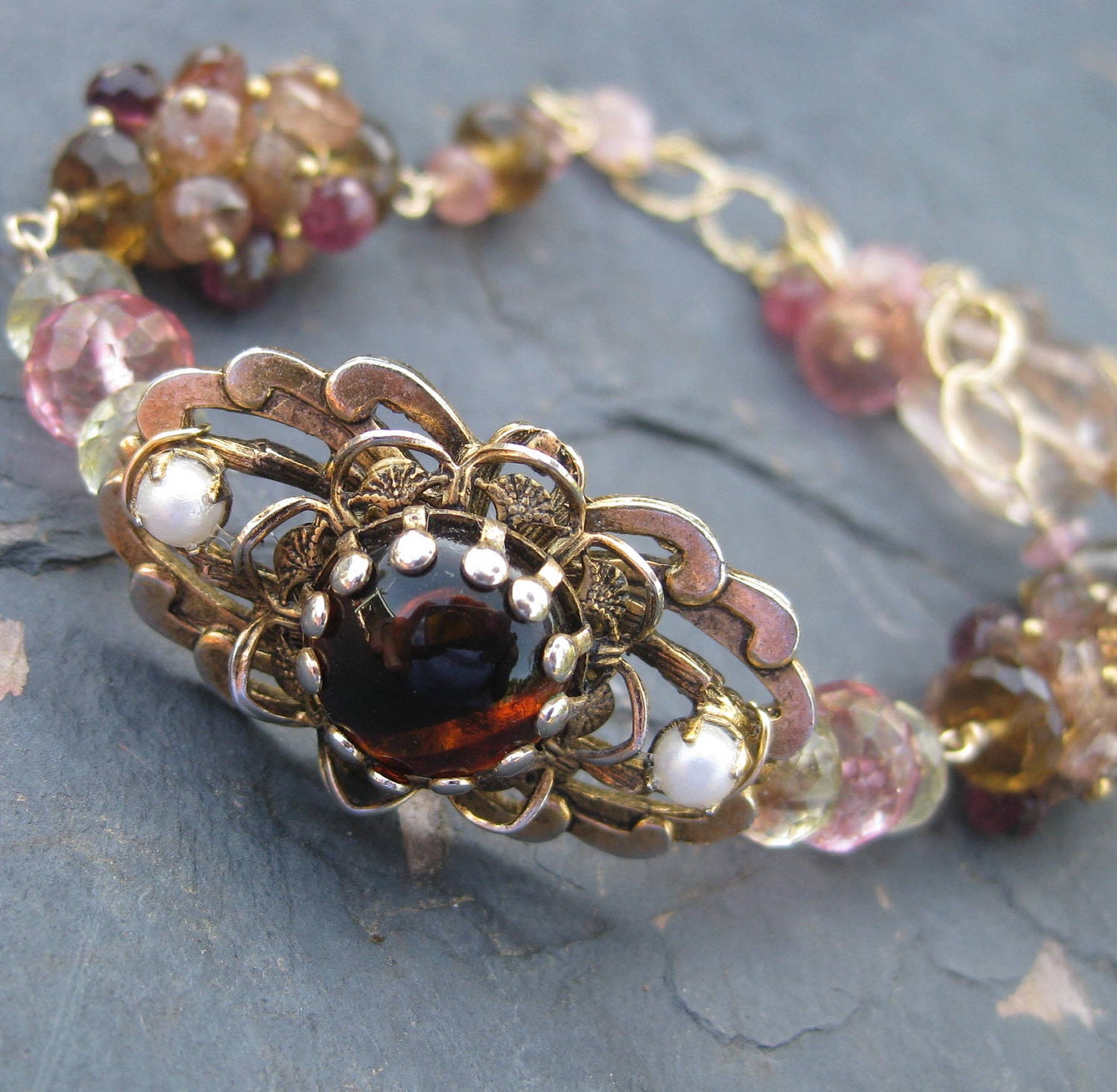 Andalusite, pink tourmaline bracelet with vintage brooch, 14k gold fill gemstone jewelry Downton Abbey fall autumn harvest tones --Isobel--