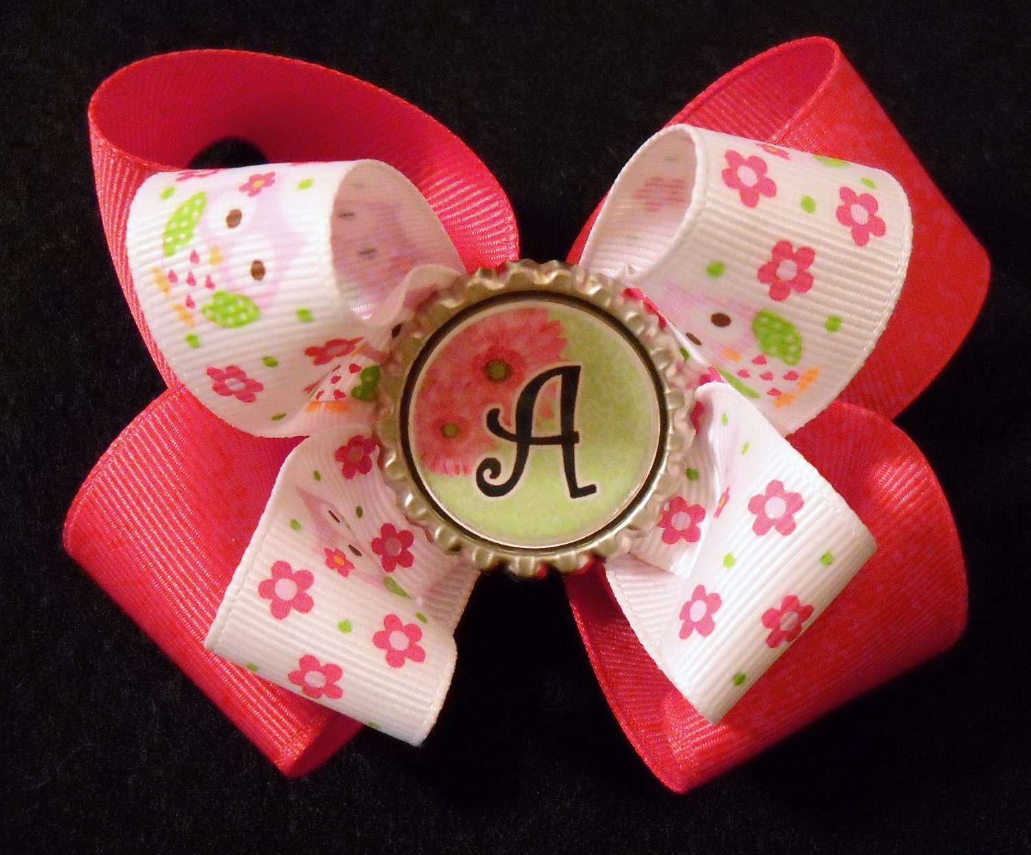 Pink Owl Double Boutique Hairbow with Bottle Cap Initial