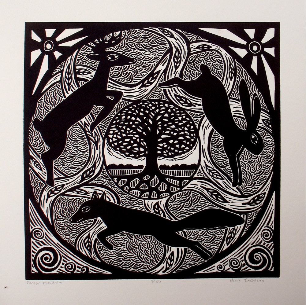 FOREST MANDALA original relief linocut
