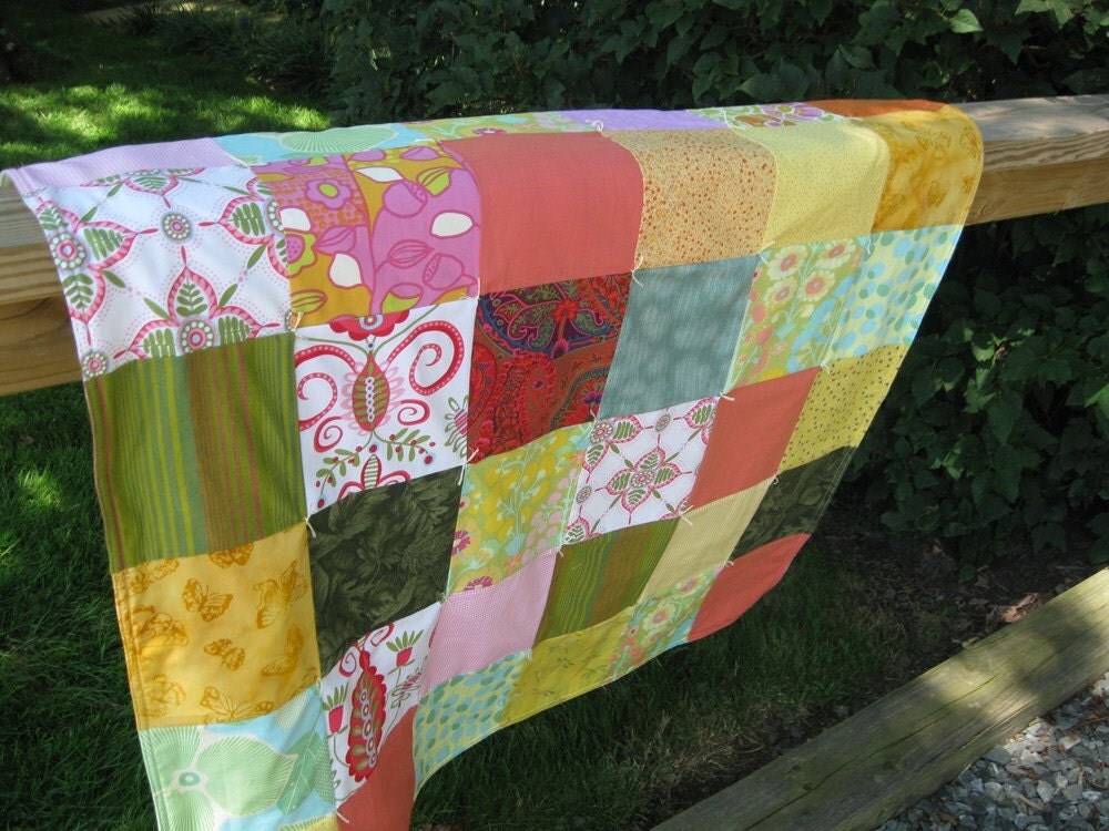 MARKED DOWN - Scrappy Quilt - orange yellow green - backed with yellow fleece - soft and cuddly