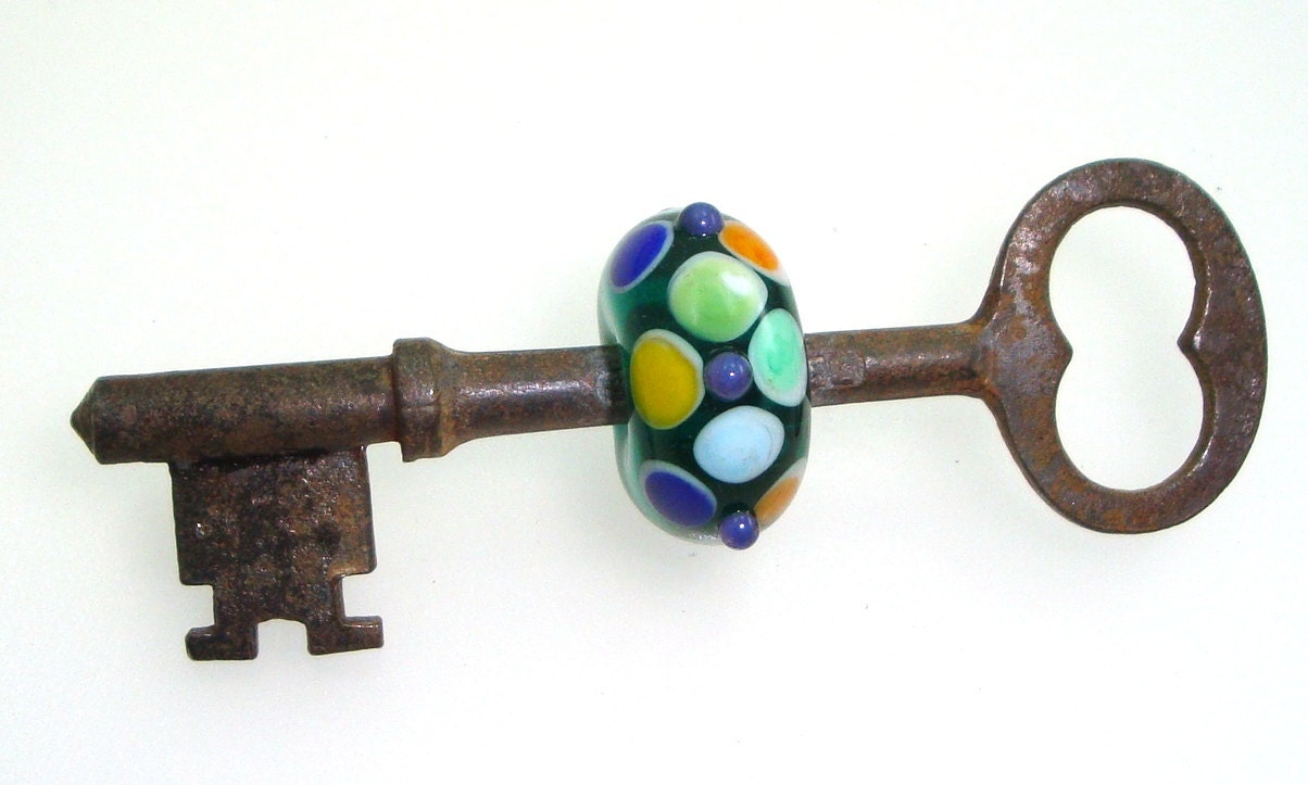 Handmade Lampwork Skeleton Key Bead Dots Teal Aqua Blue Green Orange Yellow Antique Steampunk Lamp Work Glass Dots -- Come What May