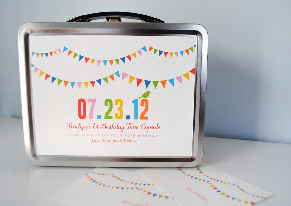 Time Capsule, custom baby birthday keepsake, wedding capsule, birds, flags, lunchbox, custom baby gift, personalized