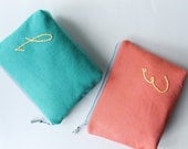 Personalized Cosmetic Bags, Bridesmaid Gift,  Custom Embroidery, Set of 2, Coral and Aqua, Make Up Bag,