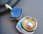Layers- Lapiz lazuli, sterling silver, bronze and freshwater pearl pendant