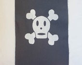 Skull and Crossbones Patch, screen print, silkscreen, grey cotton fabric