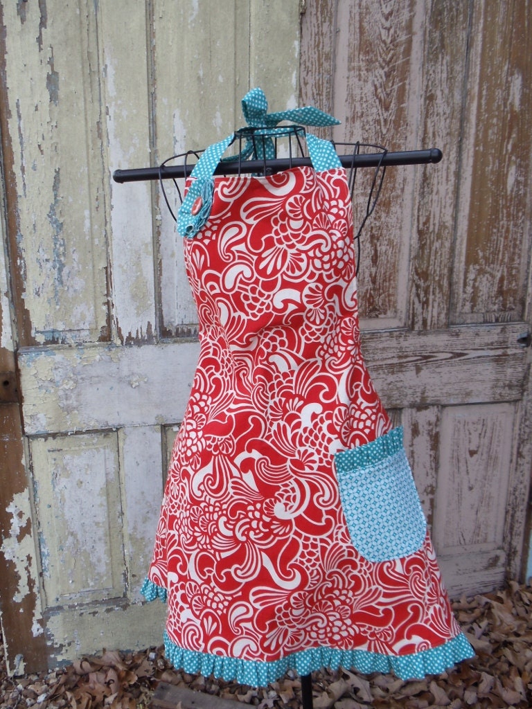 Womens Apron custom made in sizes Small - Medium - Large - XLarge  in modern orange and teal prints and a touch of shabby chic