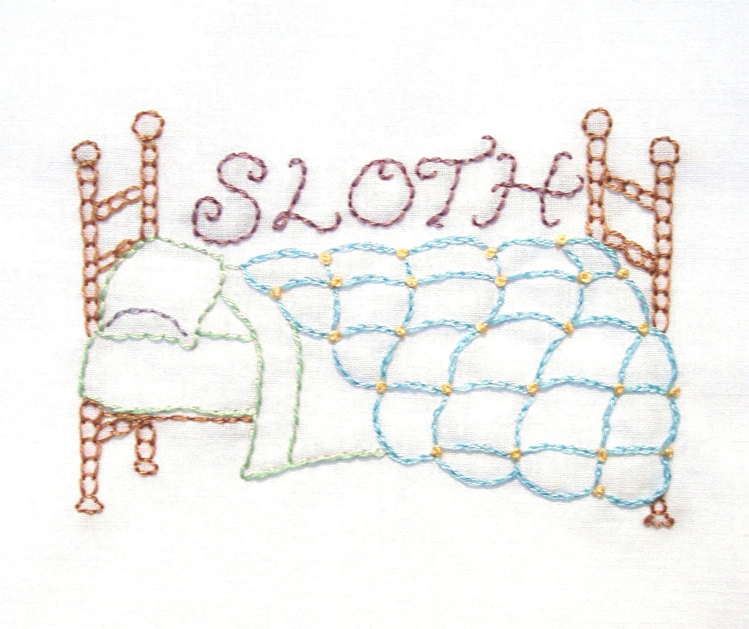 Sloth Comfy Bed Hand Embroidery Pattern PDF: Seven Deadly Sins Collection