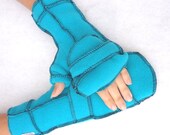 Teal Blue Convertible Mittens, Xmittens Fingerless Gloves, Recycled Fleece, Black thread, size MEDIUM