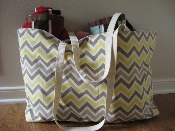 Extra Large Beach Tote, Beach Bag Chevron, Yellow and Gray Chevron