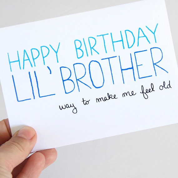 Little Brother Birthday Card. Birthday Card For Brother. Blue Text on White Card. Folded, Blank Card.