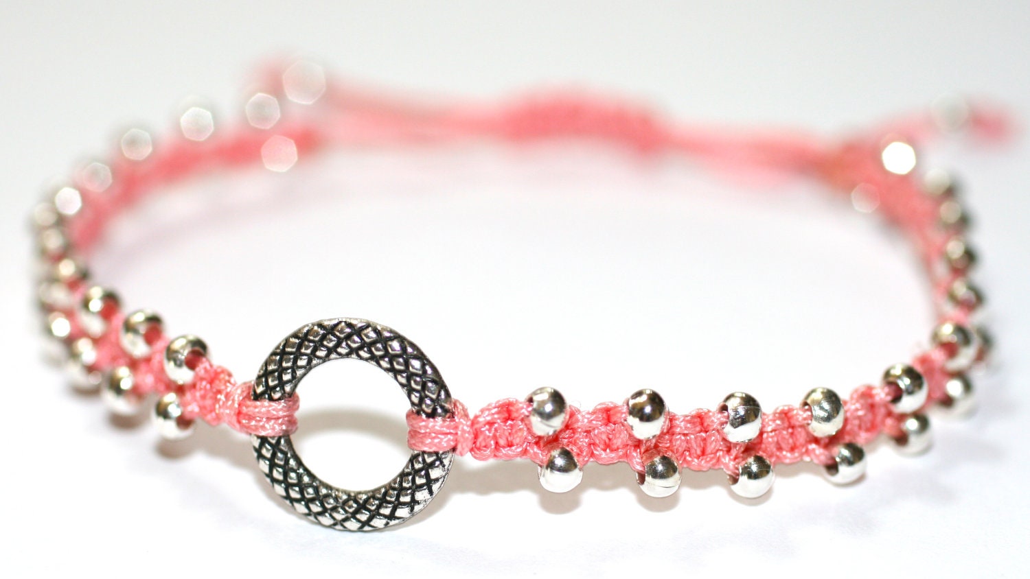 Salmon Pink Macrame Silver Beaded Friendship Circle Handmade Bracelet