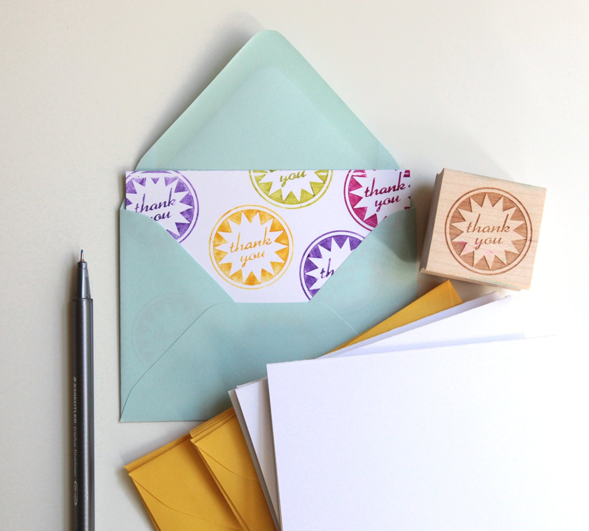 DIY Thank You Card Kit with Starburst or Banner design rubber stamp and 8 blank cards and envelopes, gift set