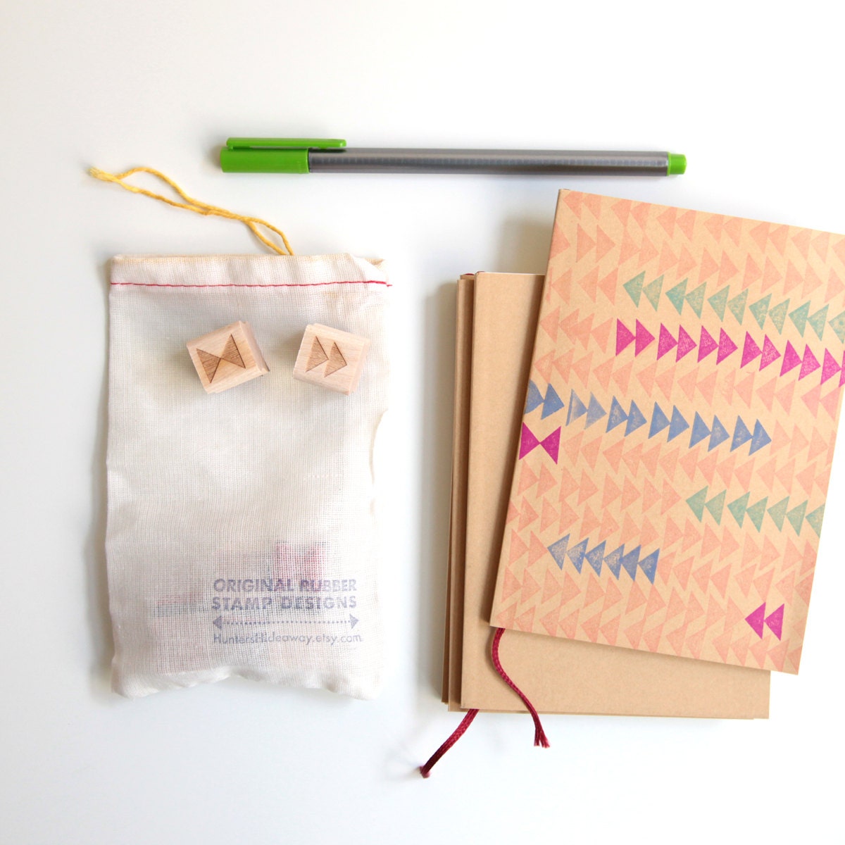 DIY Notebook Kit with geometric rubber stamps and blank sketchbook