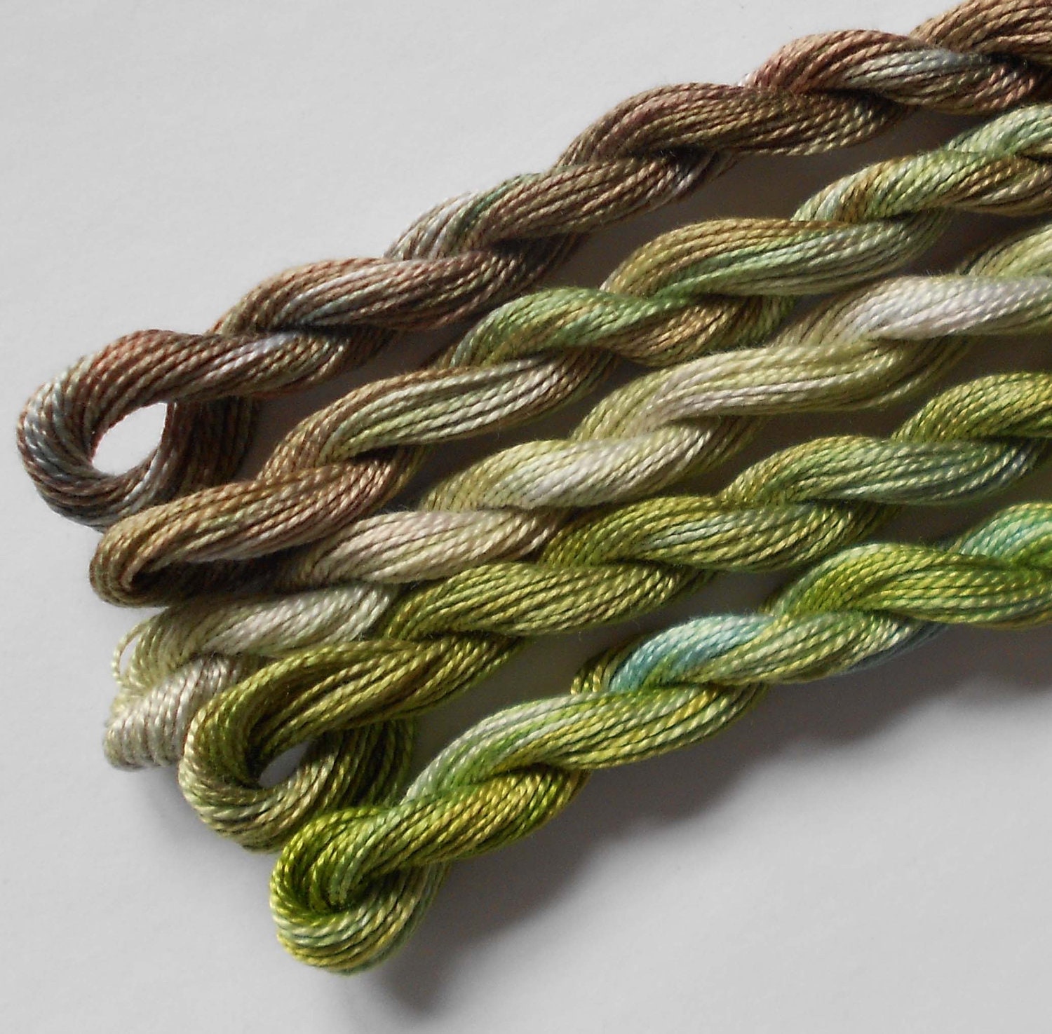 Green, Brown, Nature, Foliage, Landscape, Unique, Perle Fine, 5 pack, Unique, Yarn, Mixed Media, Textile Art, Fiber Art, Serendipity