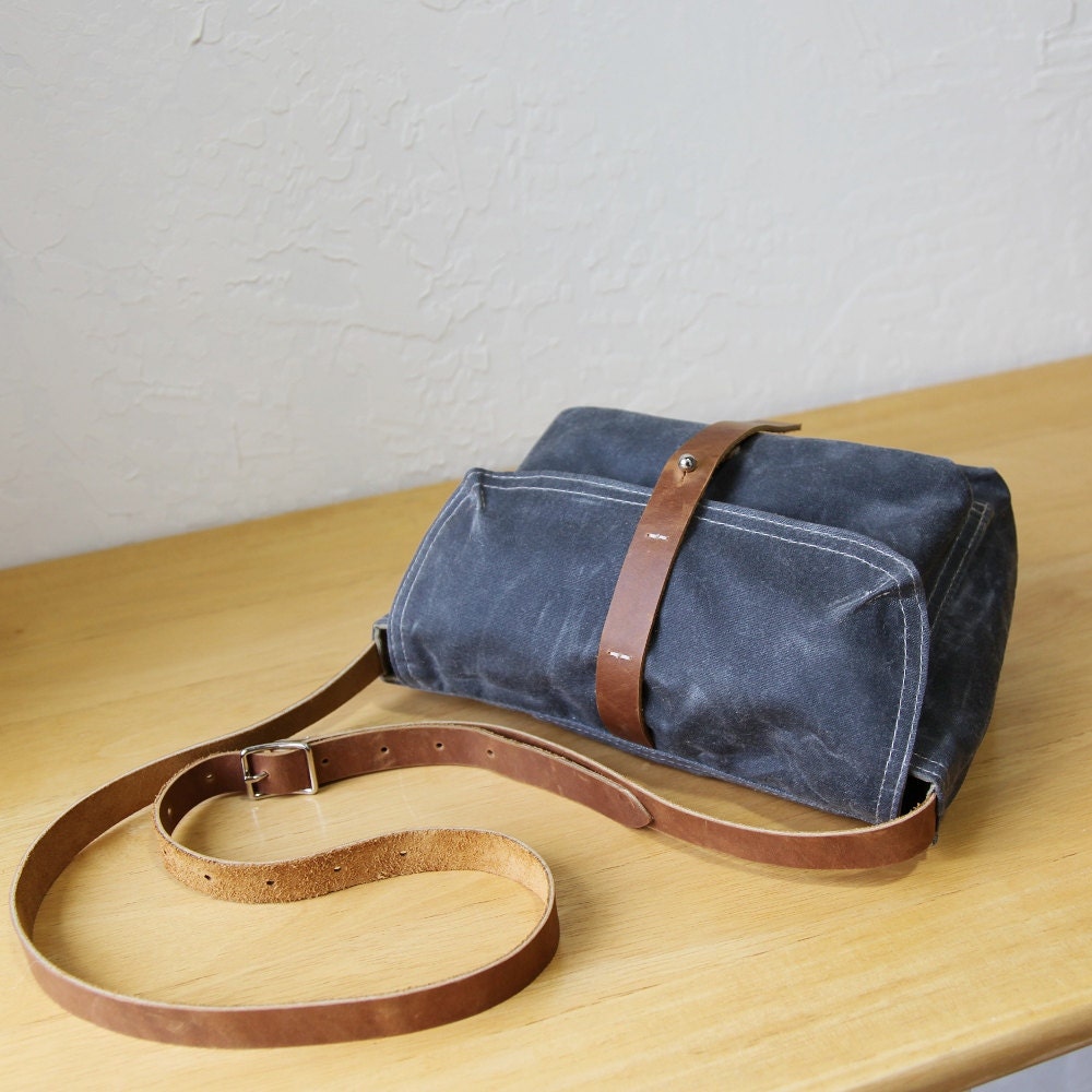 Waxed Canvas Satchel // The Small Satchel in Slate with Leather Straps