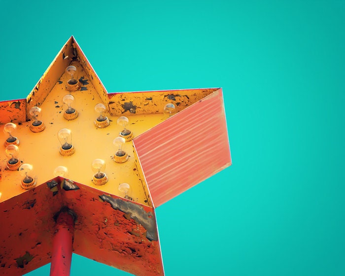 star, tangerine, orange, Vintage sign photograph, ruby red, teal, turquoise, rust, roadside motel, mid century - Star Signs 8x10 - bomobob