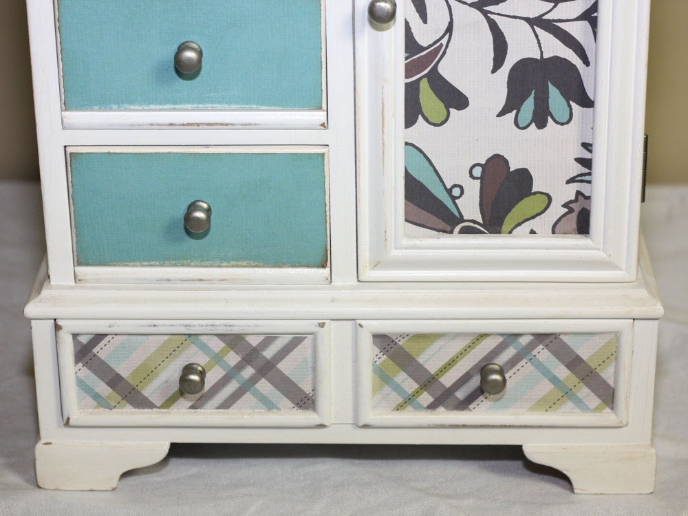 Jewelry Box Upcyled Gray Blue Flowers Plaid