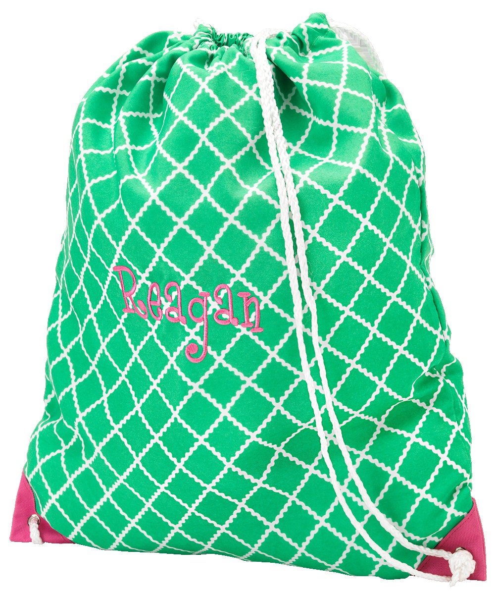 Monogrammed  Green Hot Pink Gym Bag with Drawstring Cruz Backpack School Bookbag
