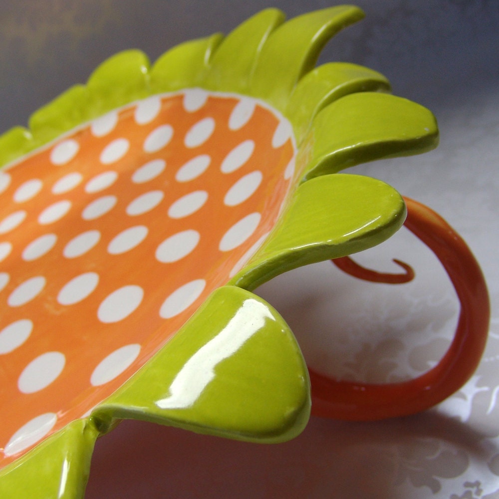 cake serving dish with whimsical polka dots & curly striped legs