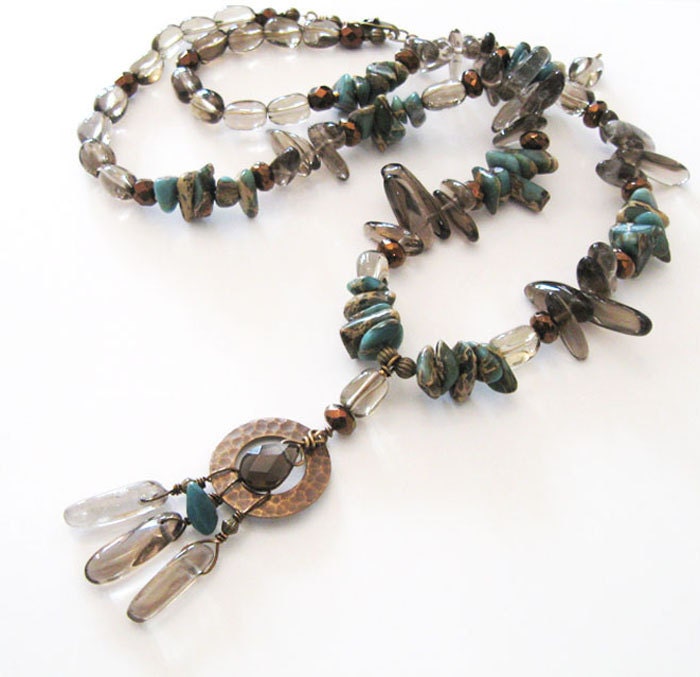 Impression Jasper, Smoky Quartz, Long Necklace Tribal Blue and Brown