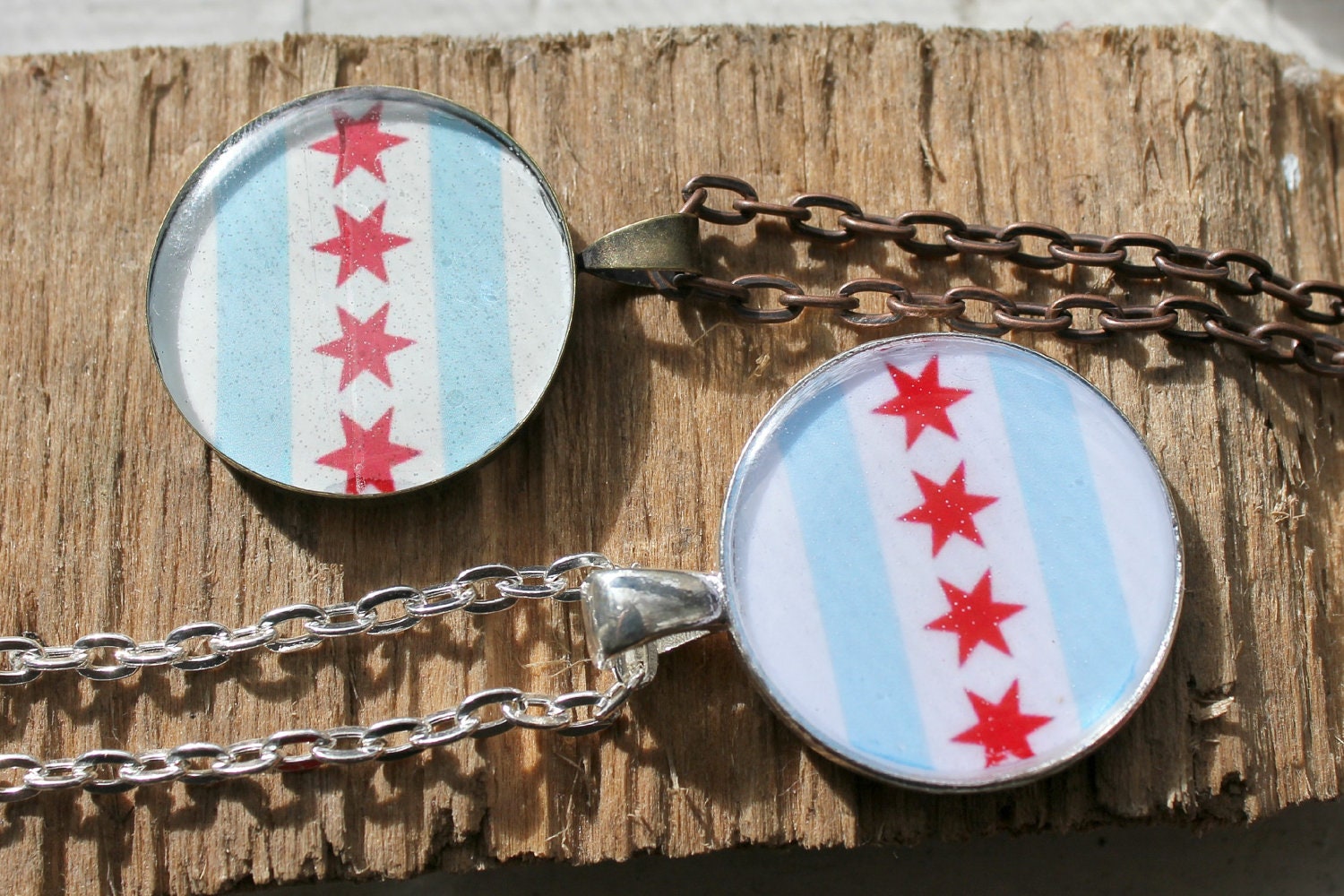 Chicago Flag Necklace Red Stars in Copper Pendant with 24 Inch Chain and Gift Box Included