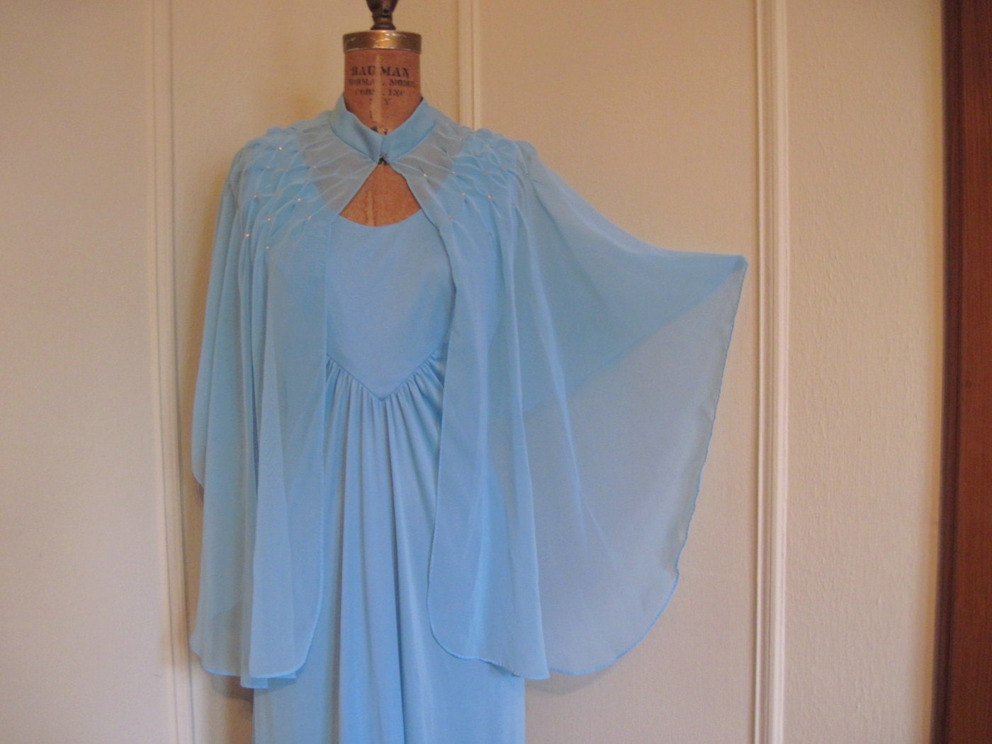 1970s Sky Blue Goddess Dress with Sheer Fluttering Rhinestone Cape - size medium to large