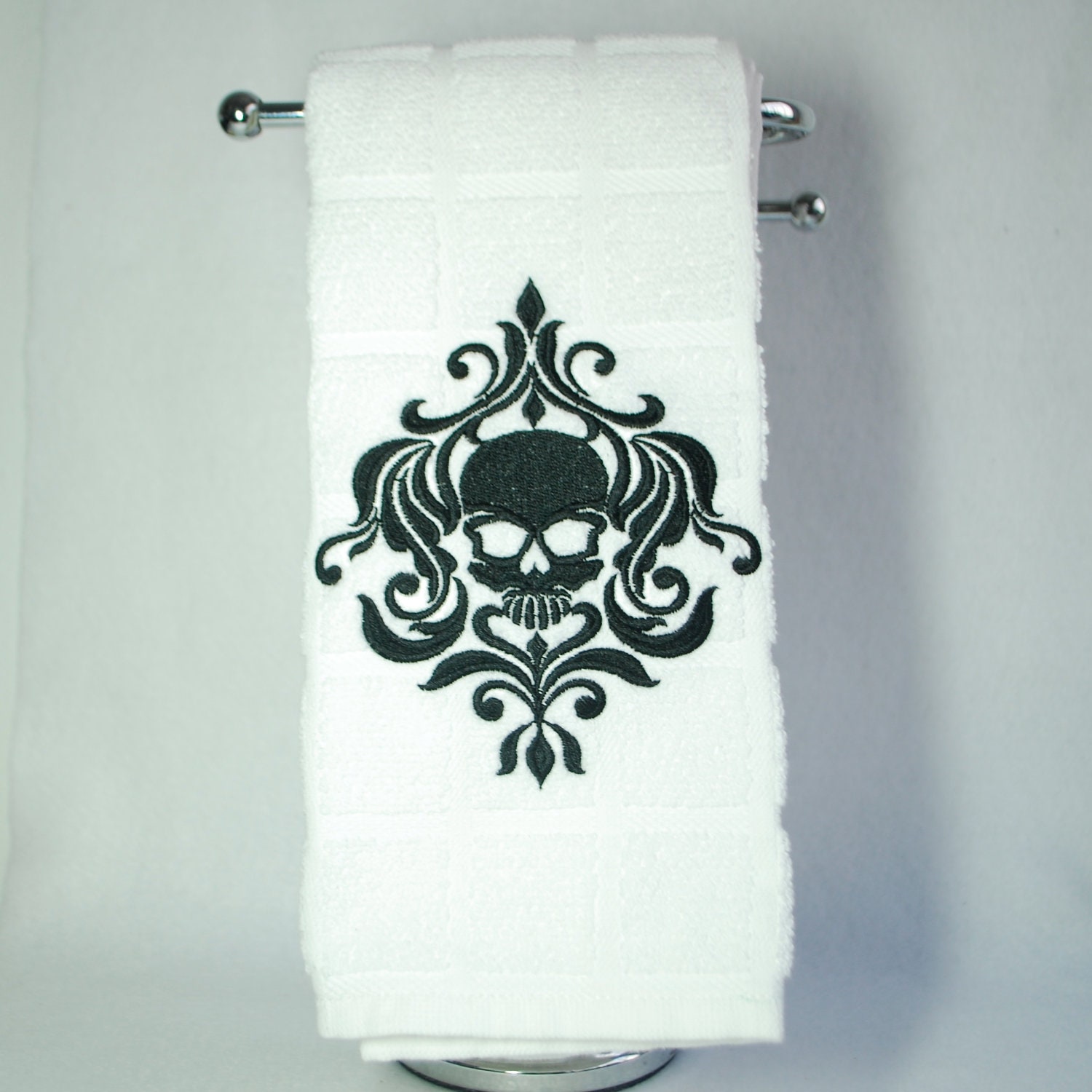 Embroidered White Kitchen Towel - Black Damask Skull