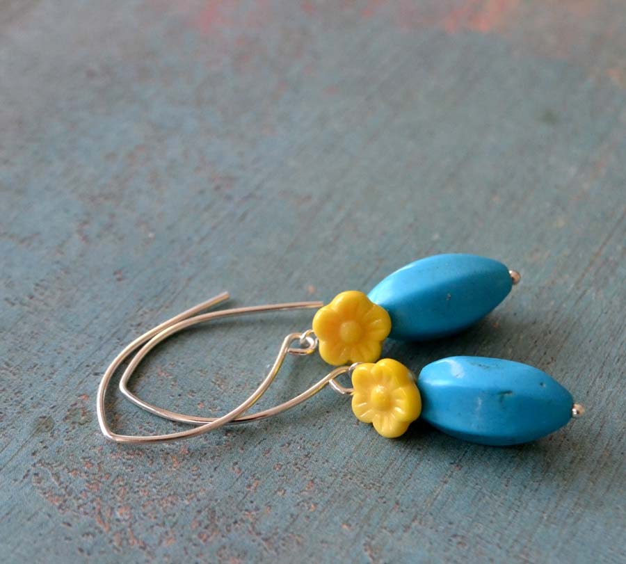 Flowers and stones  sterling silver earrings inturquoise and yellow