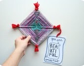 Hand Woven Textile Art Wall Hanging- Ojo de Dios - With Illustrated Affirmation Card