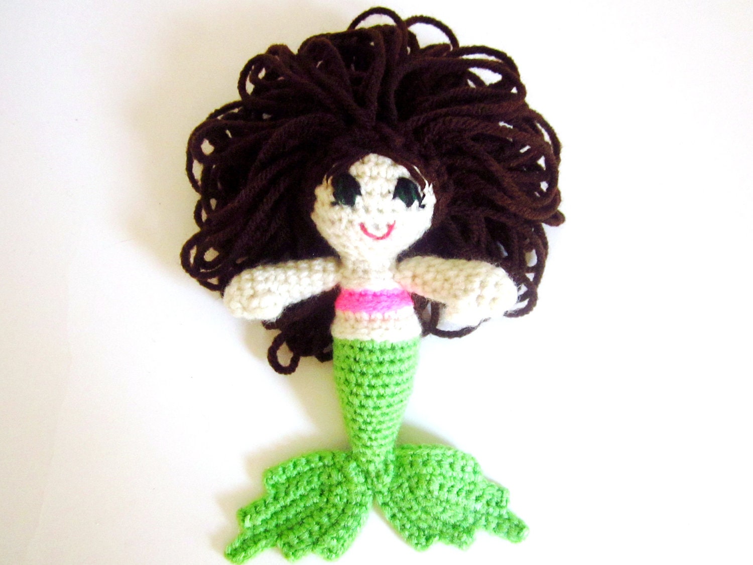 ON HOLD...Waldorf RATTLE: Greens Eyes, Brunette Mermaid Amigurumi in Pnk, Green Washable Yarn - Handmade and Crocheted by The Silver Hook