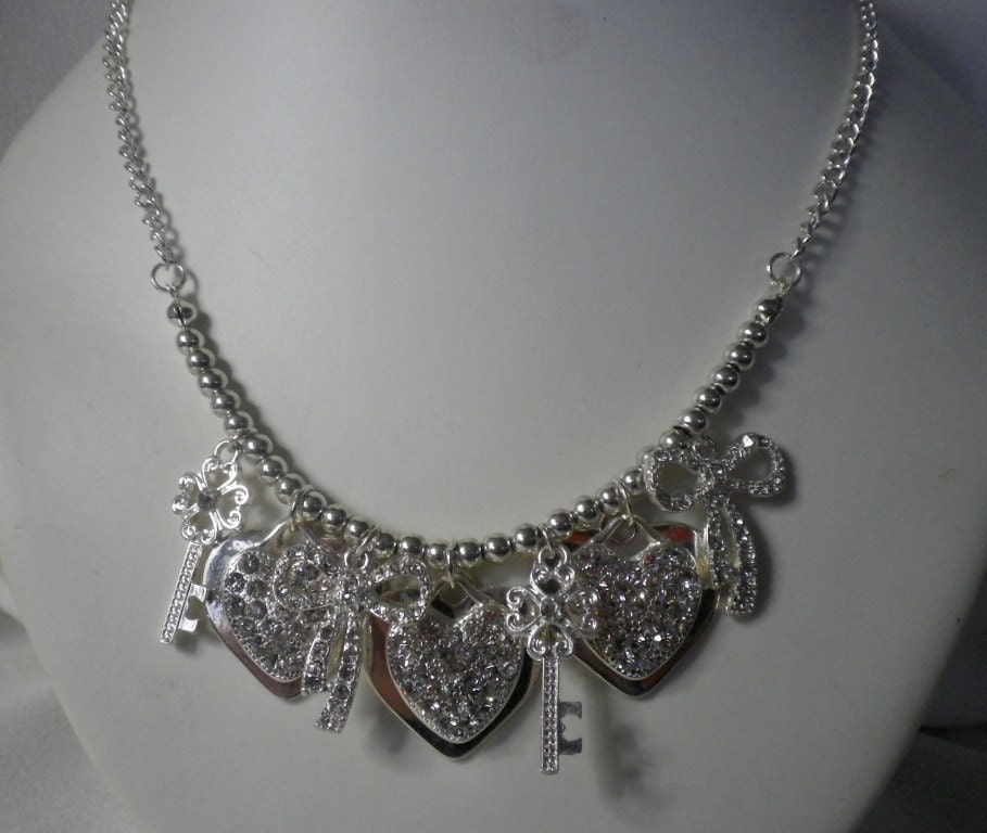 Sparkling Silver and Diamonte Cluster Charms Necklace and Earrings