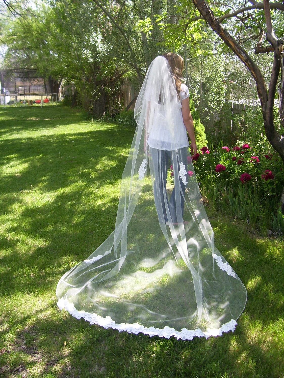 Ivory 2 Tier Cathedral length 110" custom made Wedding bridal Veil plain lace bottom & edge trim pencil edge