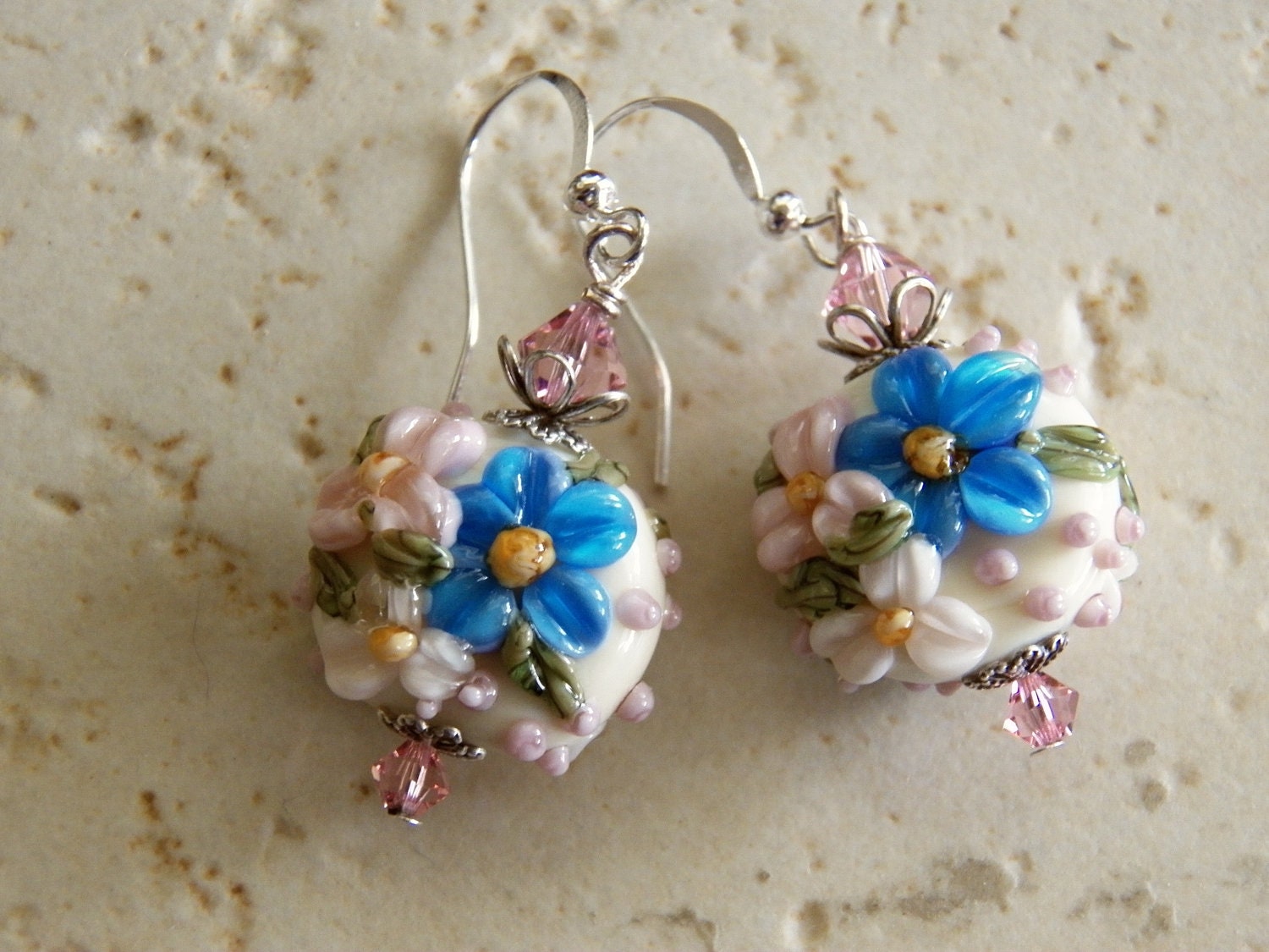 Ivory Lampwork Earrings with Blue and Pink Flowers , Summertime Floral Lampwork Earrings, TREASURY ITEM, under 40