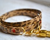 brown leopard smooth genuine leather triple wrap bracelet with gold tassel