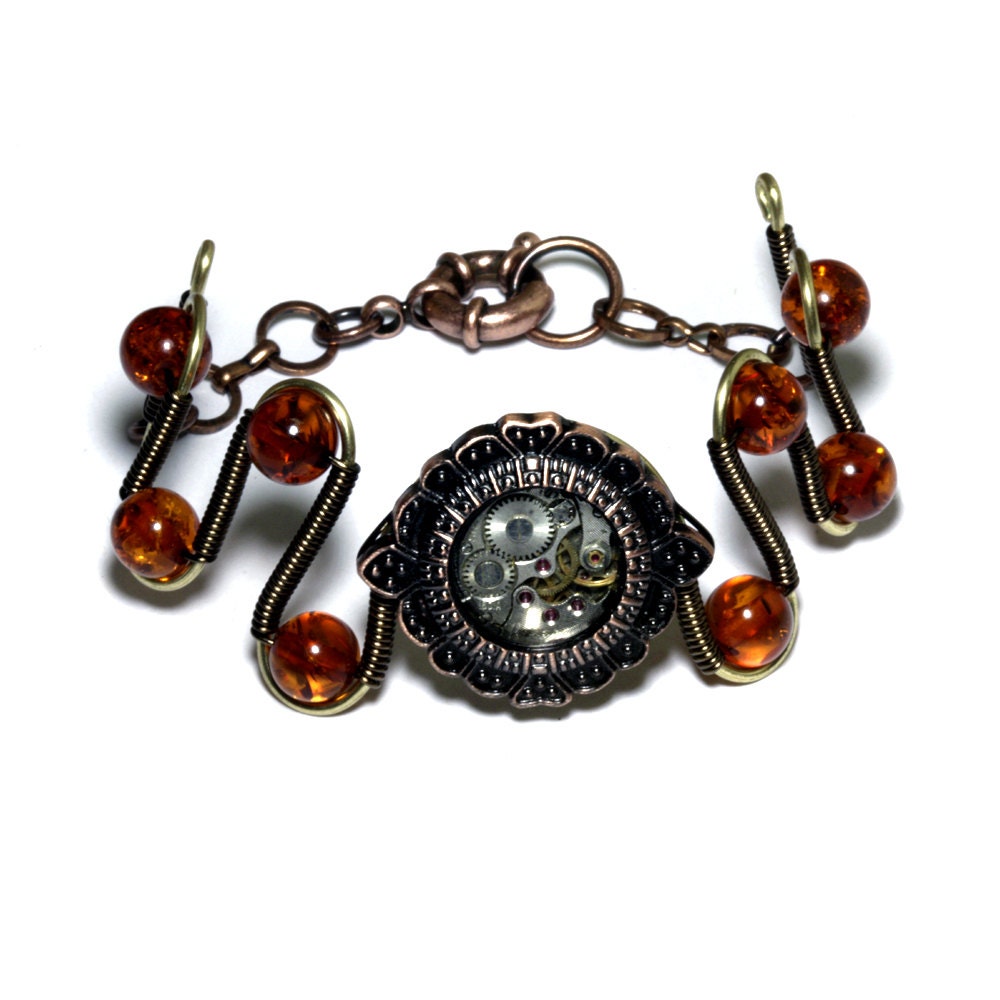 Steampunk Jewelry - Copper -  Bracelet with Amber and antique watch movement - VICTORIAN
