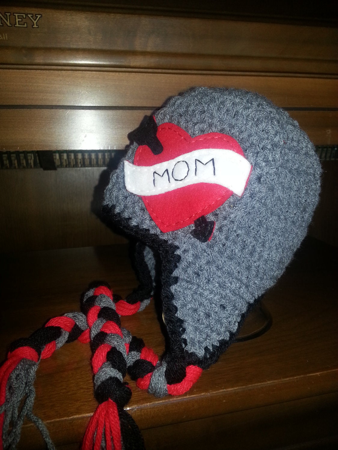 Tattoo MOM Heart Earflap Hat - Grey Black Red - Show Mom some love