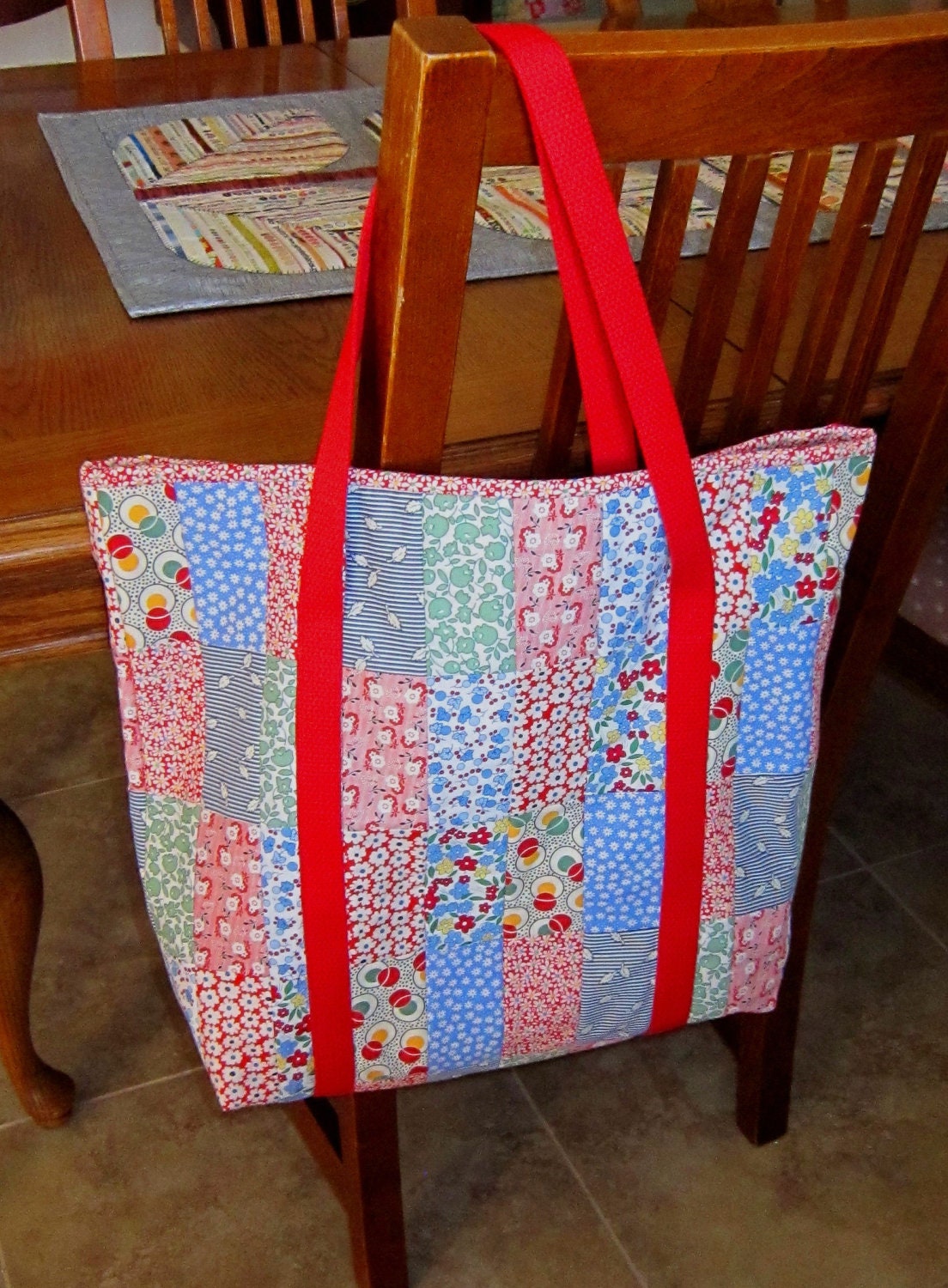 SUPER SALE Extra Large Tote Bag from Quilts by Elena 1930's Reproduction Fabrics in Reds and Blues