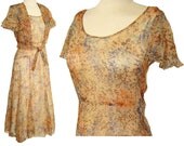 Vintage 30s Dress Floral Chiffon Flutter Sleeve Capelet Bolero 2 Piece Set S XS