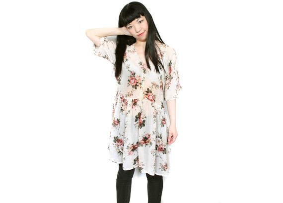 Vintage sheer cream floral tunic Small / Medium