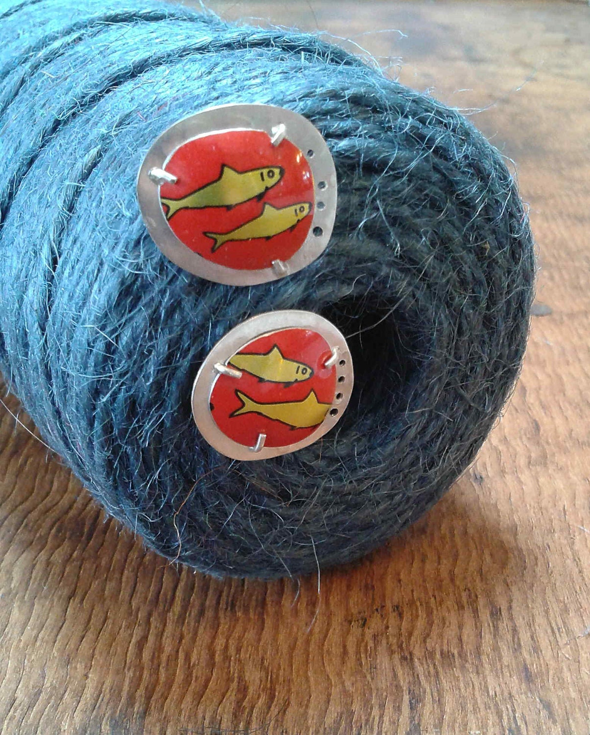 Goldfish and red earrings. Reclaimed tins, silver.